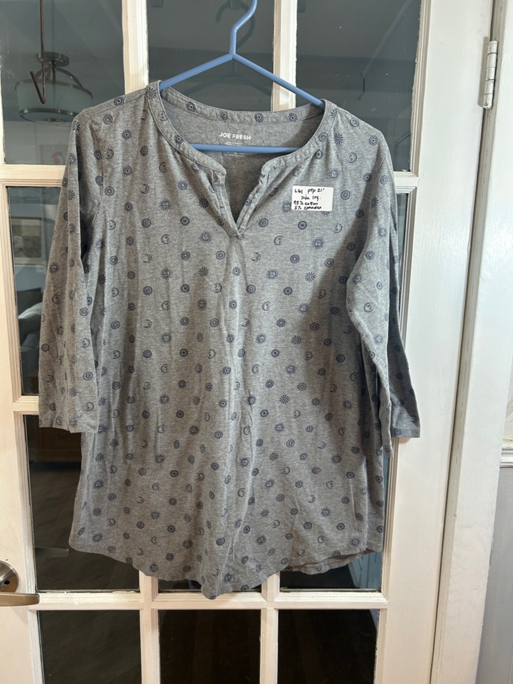 L61.    Joe Fresh Gray Long-Sleeve Henley with Navy Dot Print